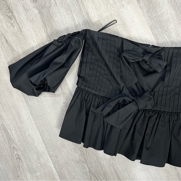 NWT Hunter Bell Anthropologie Rhea Top Off Shoulder Ribbon Pleated Black 6 - Picture 10 of 14